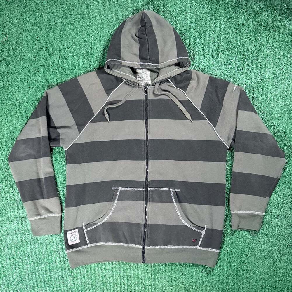 Y2K Point Zero Premium Garments Zip-Up Hoodie Size XL Grey Striped